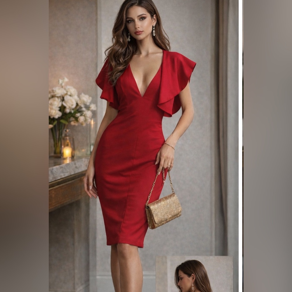 Red Flutter Sleeve Backless Cocktail Mini Dress SPACE Style Concept Sz 40 XS